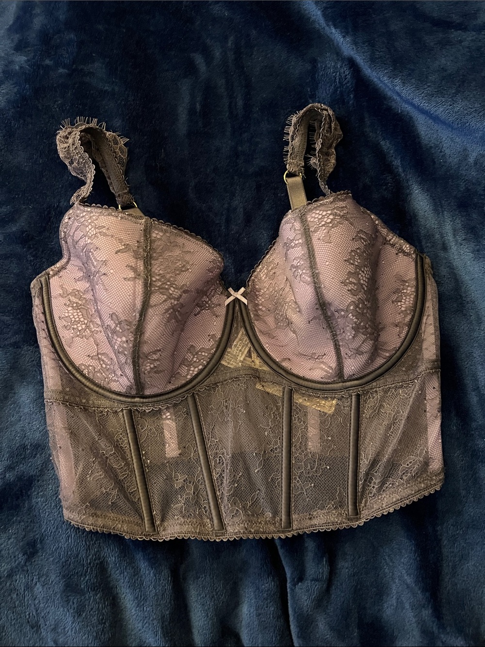 Victoria's Secret Lavender and Black Lace Longline Bra with Bow